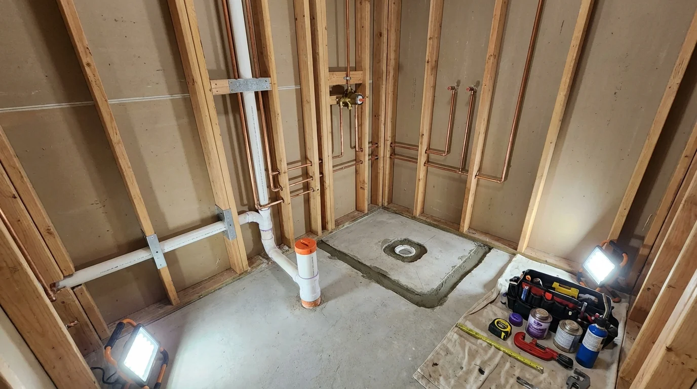 Bathroom rough-in plumbing during remodel by Johns Plumbing LLC in Swedesboro