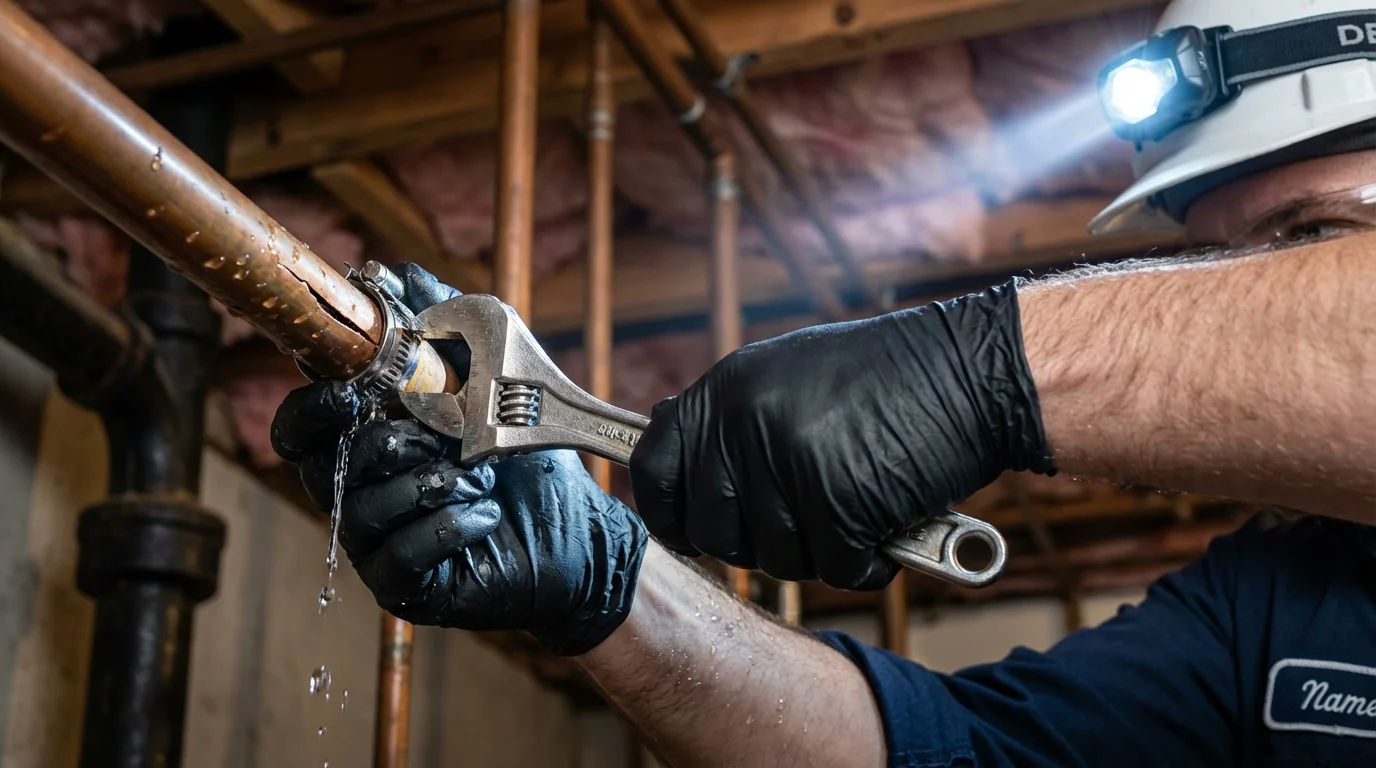 Emergency pipe clamp repair being performed by a Johns Plumbing LLC plumber in Swedesboro