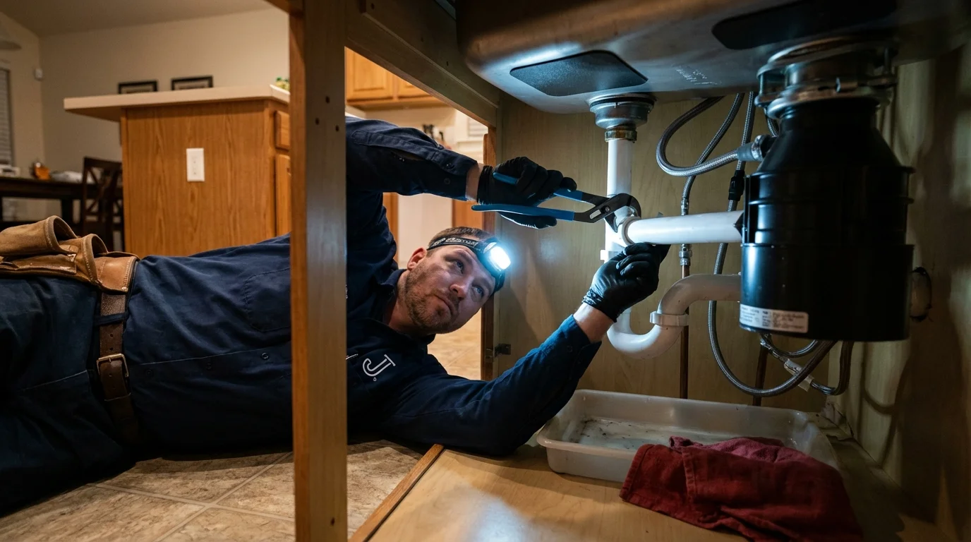 P-trap and supply line connections under a kitchen sink showing a common leak point in Swedesboro, NJ